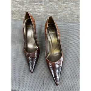 Stuart Weitzman Shoes Womens Size 8.5 Brown Croc Leather Pointed Pumps 6W38560
